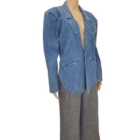 VINTAGE TUXEDO JEAN JACKET by Explosive Crystal Adorned Collar Size Large - Picture 2 of 10